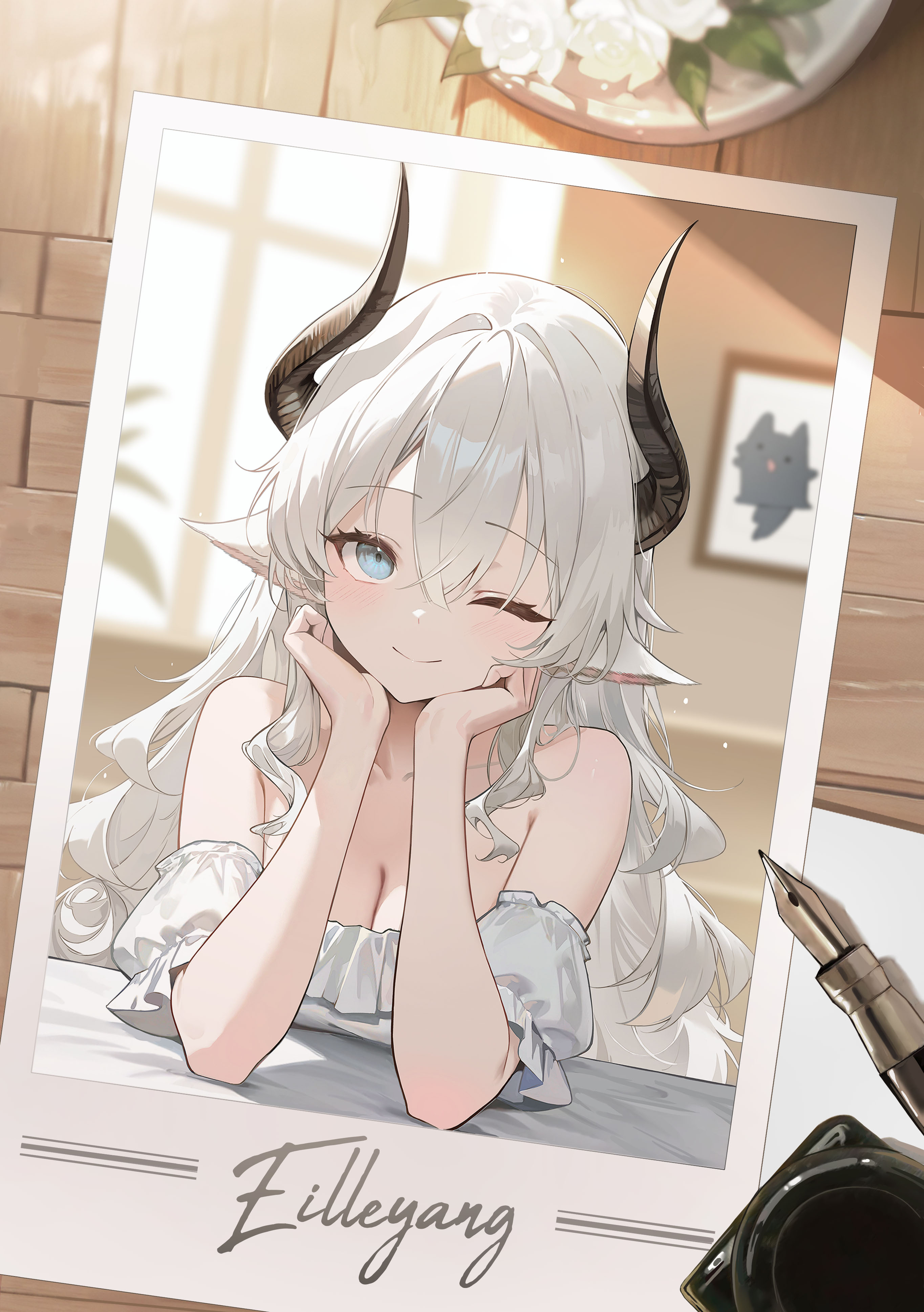 neiless neiro, original, absurdres, highres, 1girl, animal ears, bare shoulders, black horns, blue eyes, blurry, breasts, brick wall, cleavage, closed mouth, collarbone, drawing (object), dress, goat ears, goat girl, hair between eyes, hands on own face, head rest, horns, indoors, long hair, looking at viewer, medium breasts, off-shoulder dress, off-shoulder shirt, off shoulder, one eye closed, photo (object), picture frame, shirt, short sleeves, smile, solo, upper body, white hair, window