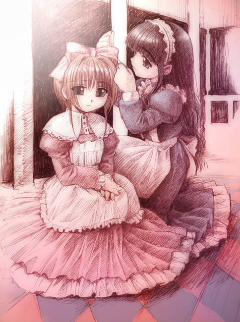 daidouji tomoyo, kinomoto sakura, cardcaptor sakura, 1990s (style), 2girls, apron, black eyes, black hair, bow, brown hair, child, dress, green eyes, hair bow, headdress, long hair, long sleeves, multiple girls, retro artstyle, short hair