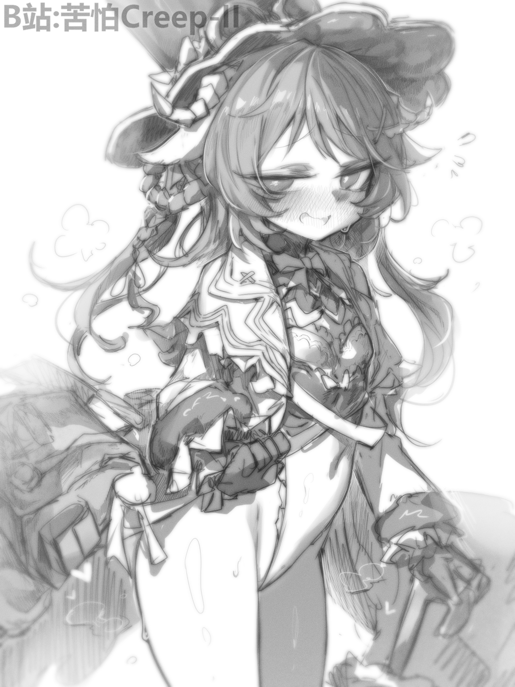 kupa (jesterwii), eyjafjalla (arknights), arknights, chinese commentary, commentary, highres, 1girl, alternate costume, animal ears, bilibili username, blush, covered navel, cowboy shot, gloves, greyscale, hat, horns, long hair, monochrome, parted lips, sheep ears, sheep girl, sheep horns