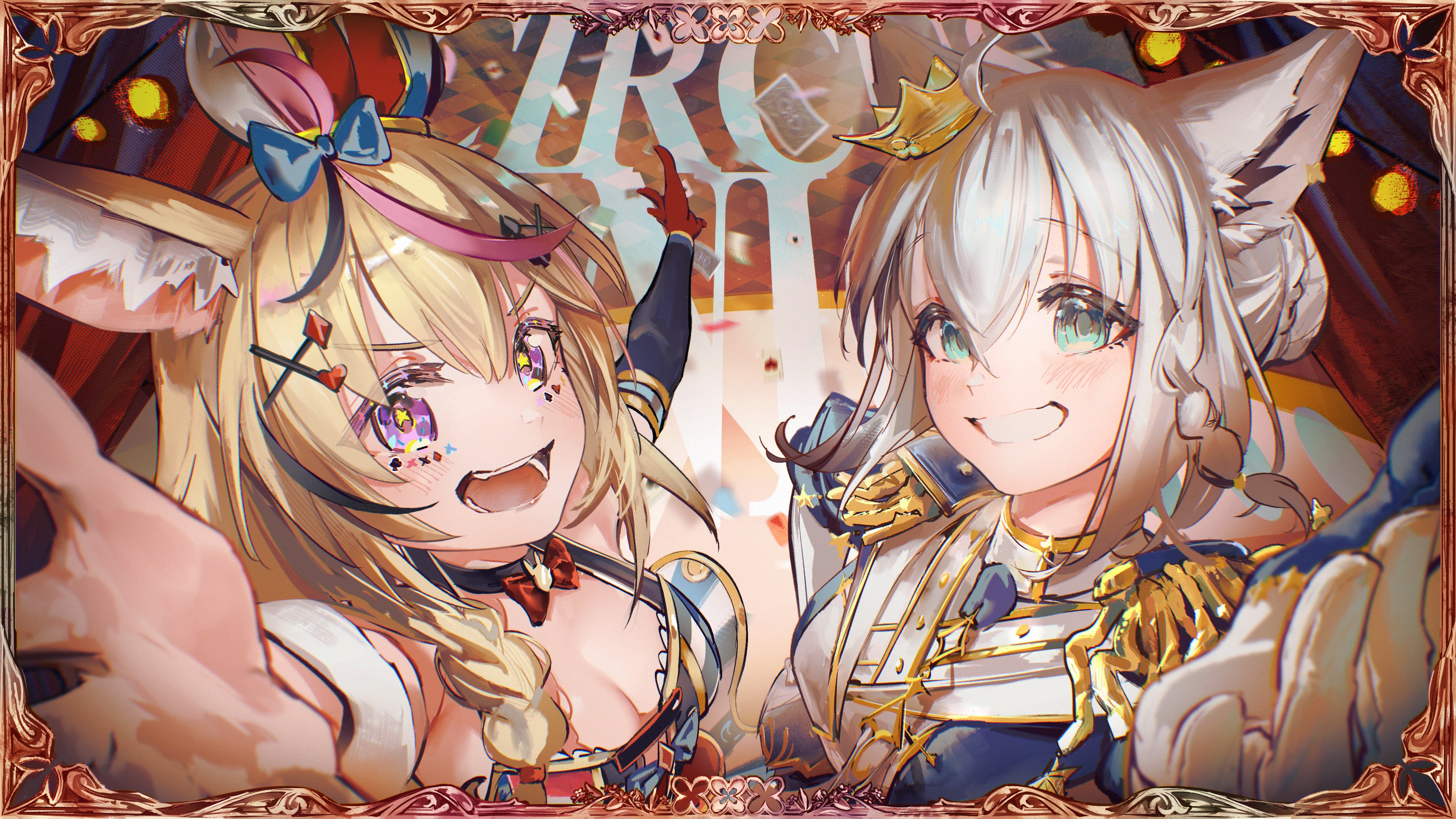 hyde (tabakko), omaru polka, omaru polka (1st costume), shirakami fubuki, hololive, absurdres, highres, 2girls, ahoge, animal ears, blonde hair, bow, braid, breasts, crown, epaulettes, fox ears, fox girl, gloves, grin, hair between eyes, hair ornament, hair over shoulder, hat, jester cap, long hair, looking at viewer, mini crown, multicolored hair, multiple girls, open mouth, pink hair, purple eyes, side braid, single braid, smile, streaked hair, symbol-shaped pupils, tilted headwear, virtual youtuber