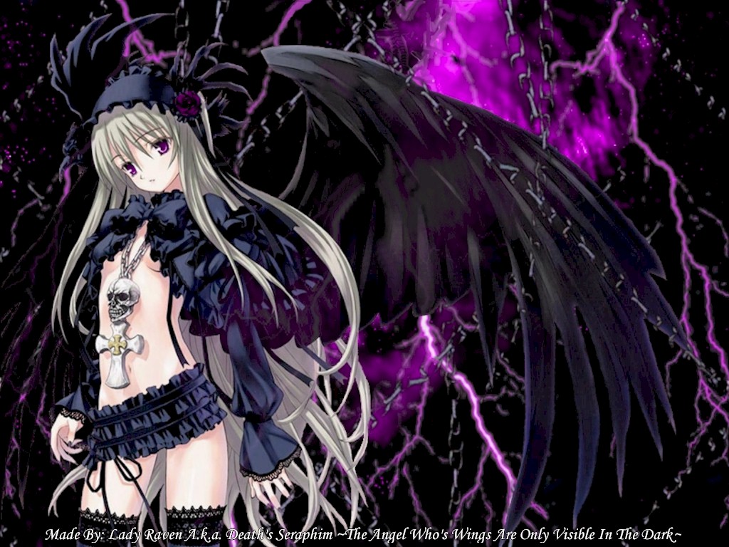 1girl, black background, black bow, black ribbon, black skirt, black theme, black thighhighs, bow, breasts, chain, cowboy shot, cross, cross necklace, english text, feathered wings, feathers, female focus, flat chest, flower, frilled skirt, frilled thighhighs, frills, goth fashion, gothic lolita, grey hair, hairband, jewelry, lace, latin cross, lightning, lolita fashion, lolita hairband, long hair, long sleeves, midriff, miniskirt, nail polish, navel, necklace, no bra, puffy sleeves, purple eyes, purple flower, purple lightning, purple nails, purple rose, revealing clothes, ribbon, rose, skirt, skull, skull necklace, small breasts, solo, standing, thighhighs, underboob, very long hair, watermark, wings