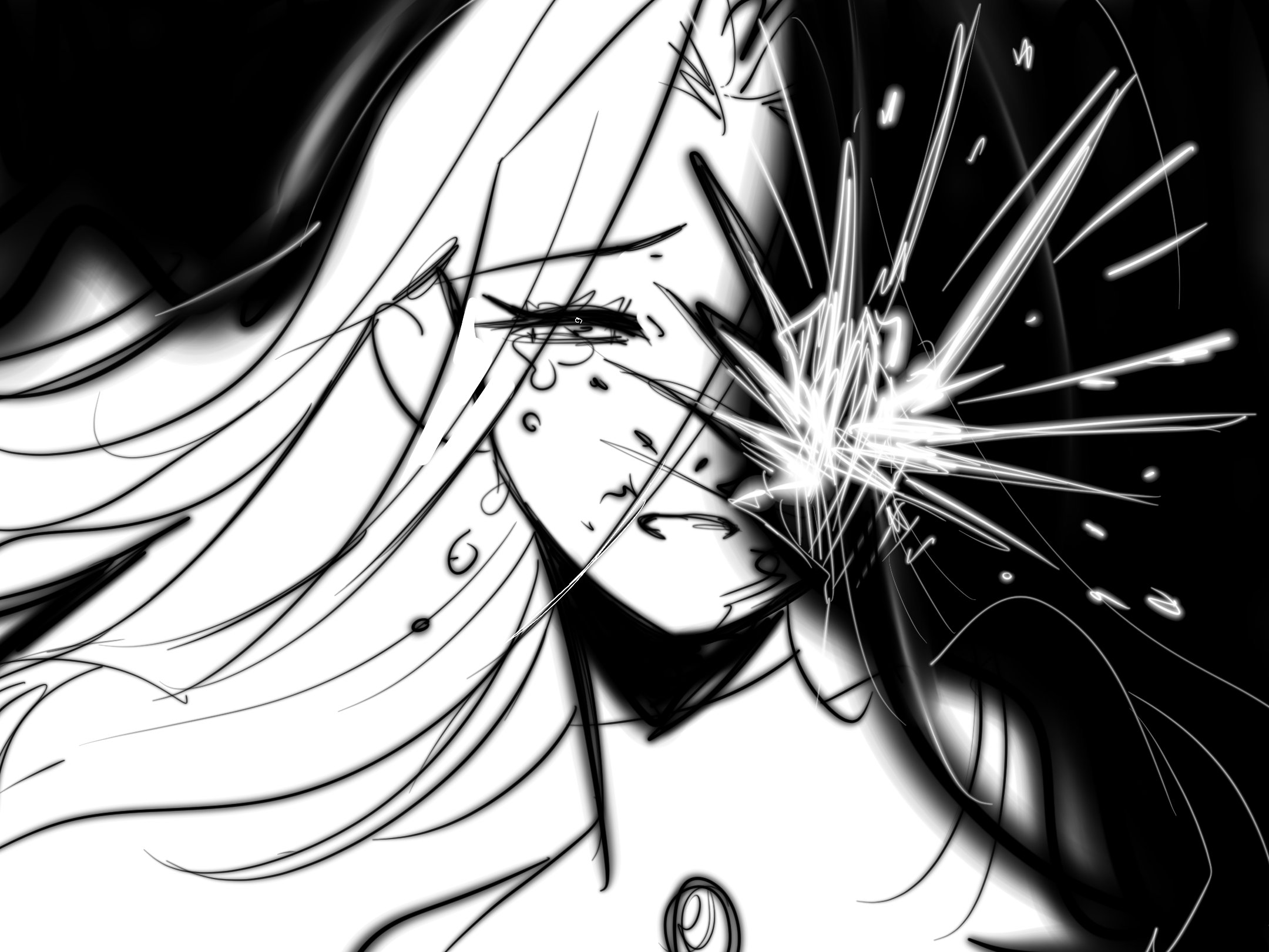 mijiang 47, mizi (alien stage), alien stage, commentary, english commentary, highres, 1girl, crying, greyscale, long hair, monochrome, one eye covered, open mouth, portrait, solo, tears