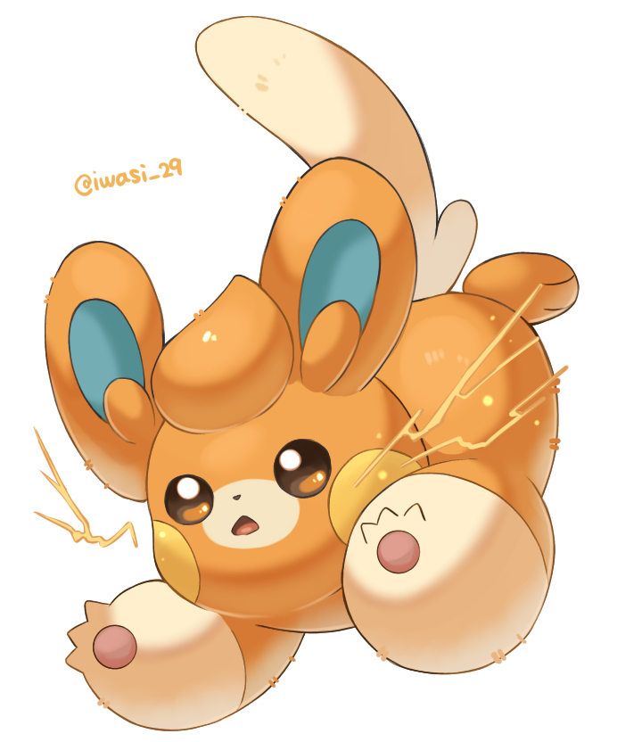 iwasi 29, pawmi, nintendo, pokemon, commentary request, :o, animal focus, artist name, brown eyes, claws, electricity, jumping, no humans, open mouth, orange fur, pawpads, pokemon (creature), simple background, tail, twitter username, white background