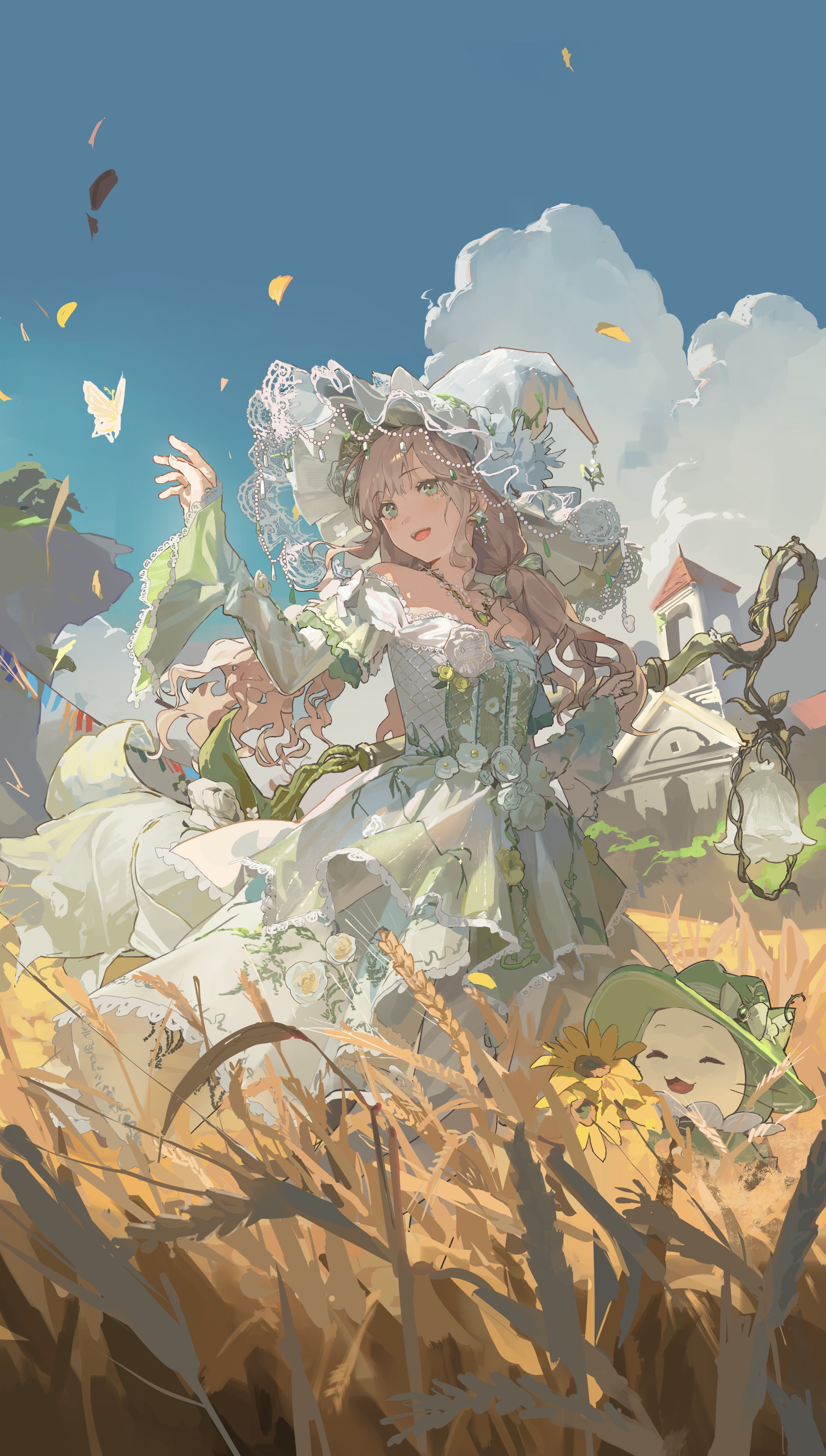 ericx gasi, momo (nikki), infinity nikki, nikki (series), absurdres, highres, 1girl, bare shoulders, blue sky, broom, bug, butterfly, cloud, day, dress, earrings, flower, frills, green eyes, hat, holding, house, insect, jewelry, lace trim, long hair, necklace, off-shoulder dress, off shoulder, open mouth, outdoors, rainfall & blossoms (infinity nikki), rose, sky, smile, solo, staff, white butterfly, white dress, white flower, white rose, witch, witch hat