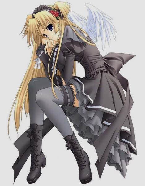 angel, black dress, blonde hair, dress, flower, long hair, lying, rose, thighhighs, wings