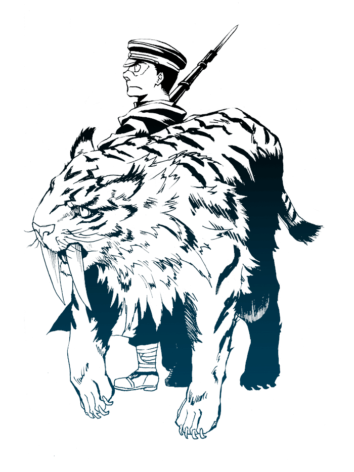 kuroda (artist), kuroda (nanchara flight), kuroda (pixiv260283), chihaya (koukoku no shugosha), sabre tiger, shinjou naoe, koukoku no shugosha, 1boy, aqua theme, bayonet, blue theme, hat, male focus, monochrome, newsboy cap, solo, tiger, weapon