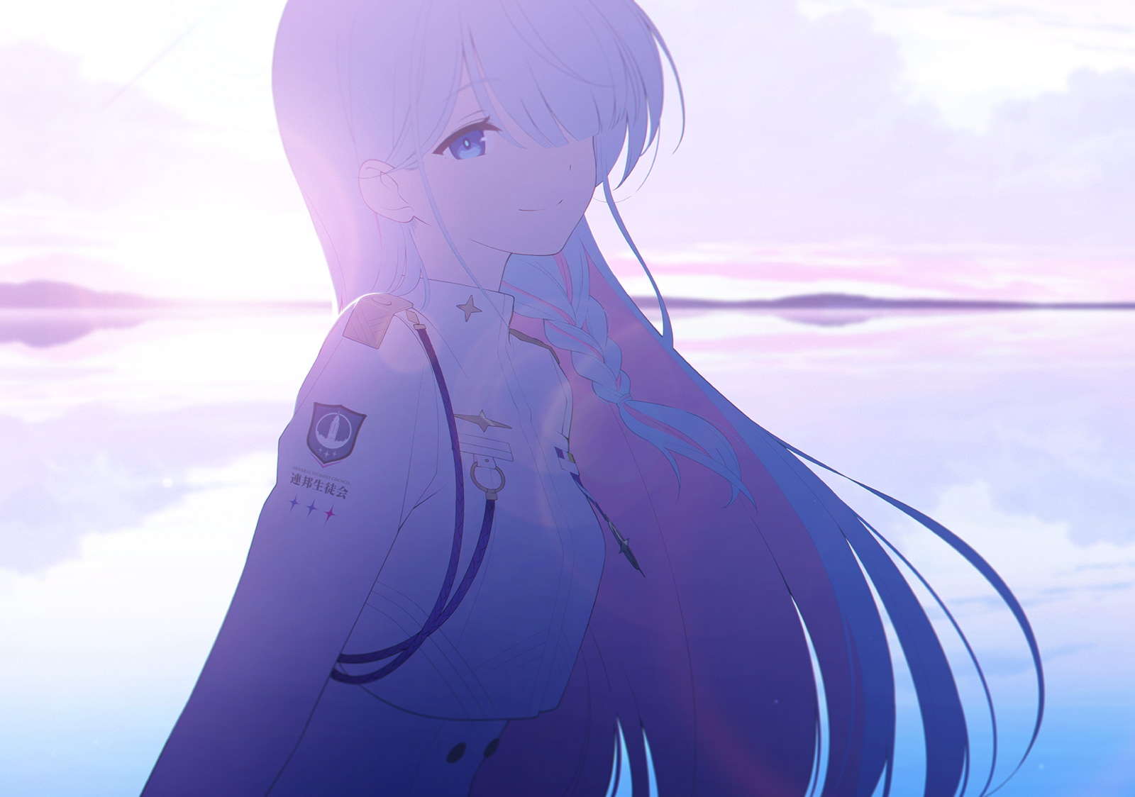 general student council president (blue archive), blue archive, artist request, game cg, highres, non-web source, official art, spoilers, 1girl, aiguillette, blue eyes, blue hair, braid, closed mouth, cloud, colored inner hair, cropped jacket, diffraction spikes, dress, epaulettes, floating hair, formal clothes, from side, hair over one eye, halo, horizon, jacket, landscape, leaning forward, lens flare, long hair, long sleeves, looking at viewer, medal, military uniform, multicolored hair, ocean, pink hair, purple sky, reflection, reflective water, single braid, sitting, sky, smile, solo, standing, suit, two-tone hair, very long hair, white dress, white jacket, white suit