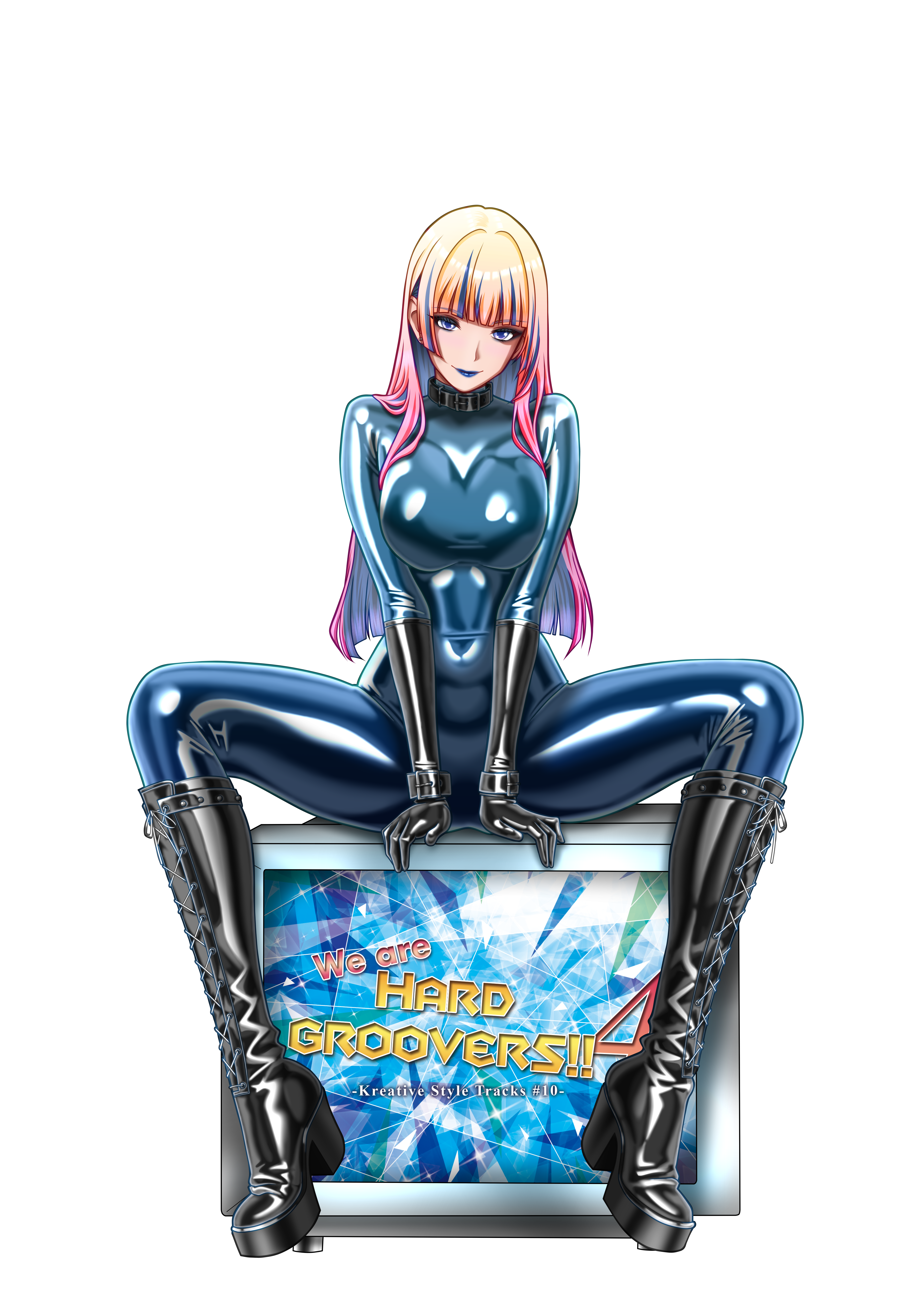 kstrx-tca, original, absurdres, commentary request, highres, variant set, 1girl, black boots, black gloves, blonde hair, blue bodysuit, blue eyes, blue hair, bodysuit, boots, breasts, collar, colored inner hair, cuffs, eyeshadow, full body, gloves, gradient hair, high heel boots, high heels, large breasts, latex, latex bodysuit, latex boots, latex gloves, lipstick, looking at viewer, makeup, multicolored hair, pink hair, platform boots, platform heels, shiny clothes, sitting, skin tight, smile, solo, streaked hair, white background
