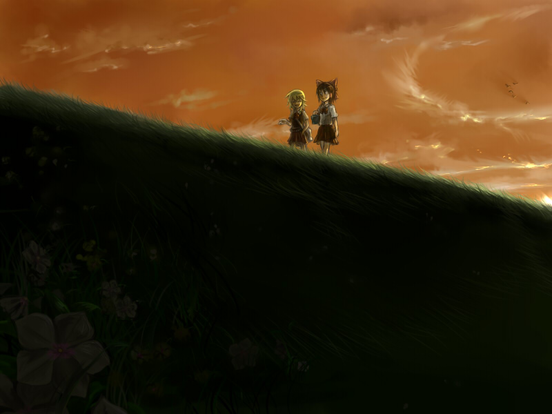 kuroda (artist), kuroda (nanchara flight), kuroda (pixiv260283), hakurei reimu, kirisame marisa, touhou, bad id, bad pixiv id, 2girls, alternate costume, black hair, blonde hair, contemporary, female focus, hair ribbon, multiple girls, ribbon, school uniform, sunset, walking