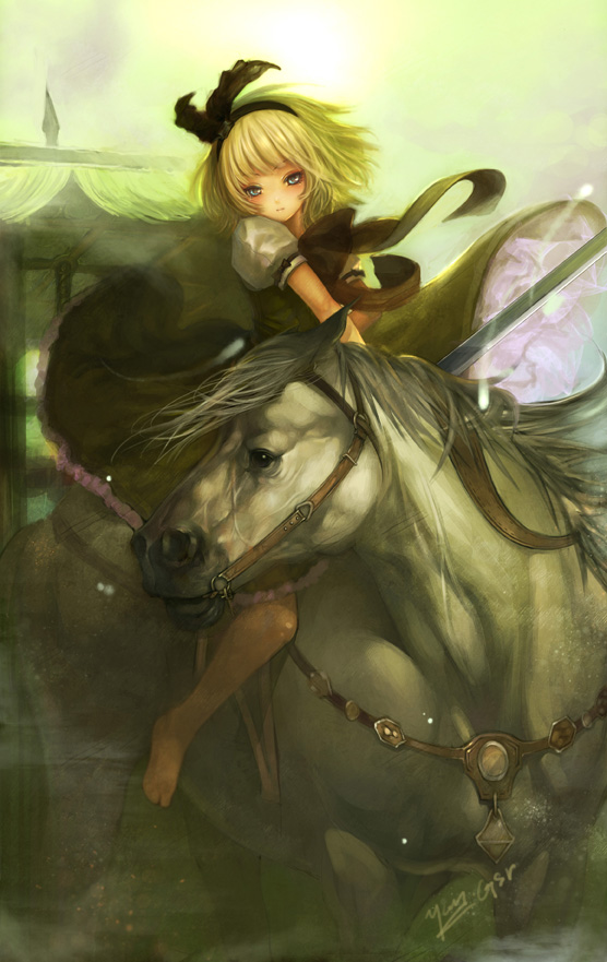 yoru (xueyinye), konpaku youmu, touhou, bad id, bad pixiv id, 1girl, barefoot, blue eyes, female focus, hairband, horse, katana, solo, sword, weapon, white hair