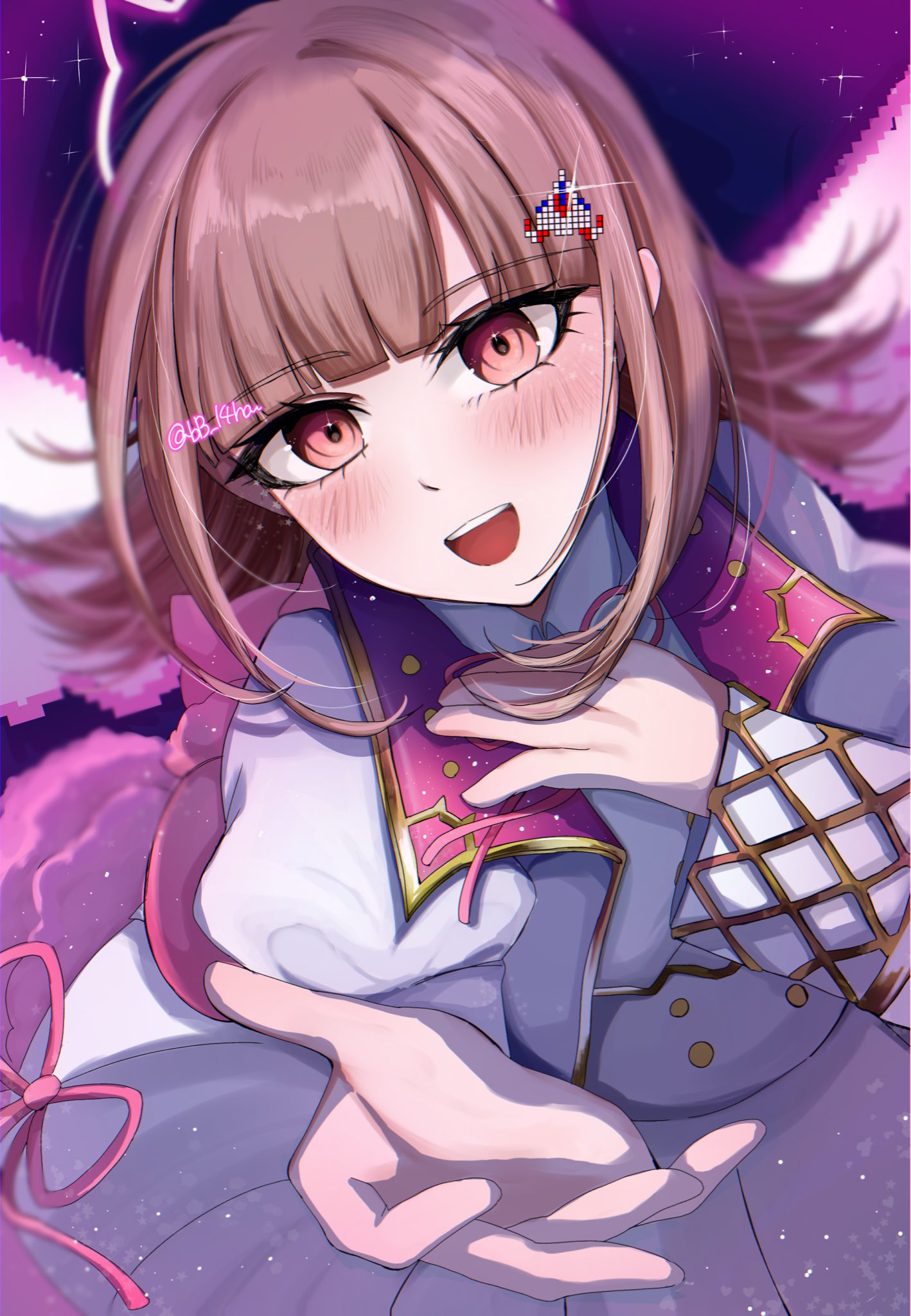 nanami chiaki, danganronpa (series), danganronpa 2: goodbye despair, highres, 1girl, alternate costume, artist name, bb 14ha, blush, brown hair, hair ornament, jacket, medium hair, open clothes, open jacket, pink eyes, puffy short sleeves, puffy sleeves, short sleeves, skirt, smile, solo, teeth, upper teeth only, white jacket, white skirt, wings