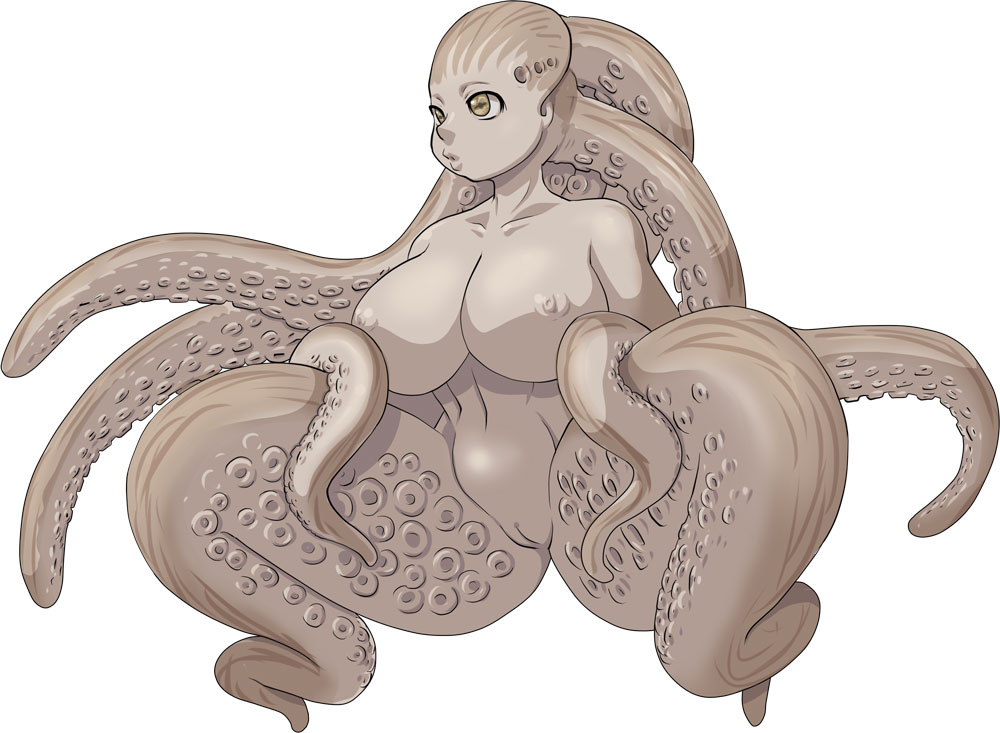 sashizume soutarou, alien, breasts, curvy, huge breasts, monster girl, nude, octopus, pussy, solo, tentacles