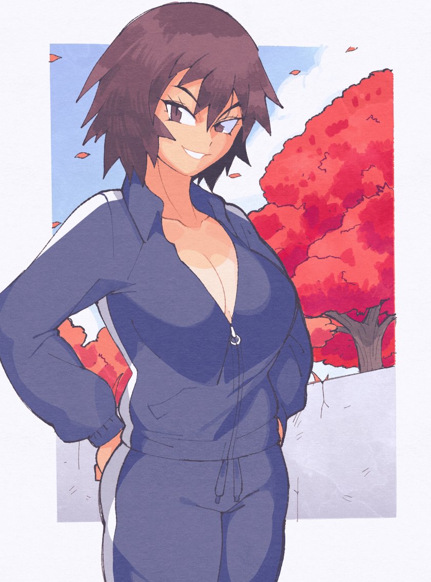 inkerton-kun, kagura (azumanga daioh), azumanga daiou, 1girl, autumn, blue jacket, blue pants, breasts, brown eyes, brown hair, cleavage, cloud, cloudy sky, falling leaves, grin, hands on own hips, jacket, large breasts, leaf, outside border, pants, short hair, sky, smile, tan, tanline, track jacket