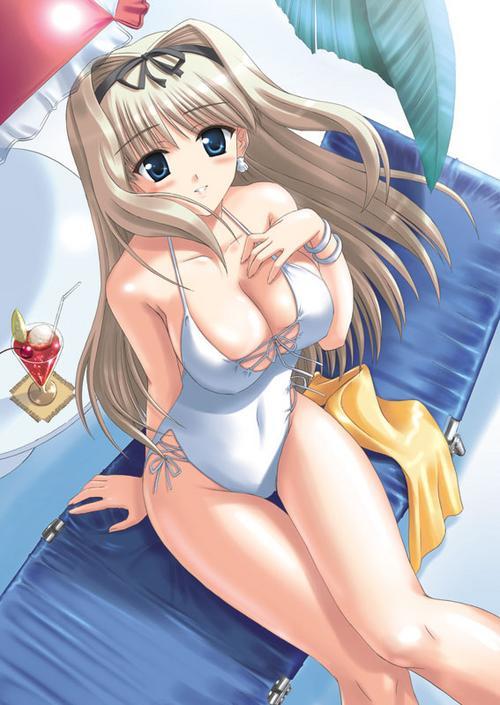 tagme, beach, breasts, brown hair, cleavage, cocktail, earrings, jewelry, long hair, ribbon, sitting, smile, swimsuit