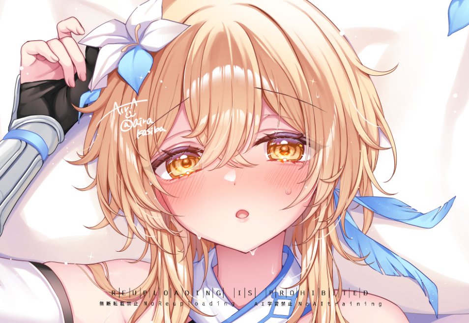 kashiba aira, lumine (genshin impact), genshin impact, commentary request, 1girl, bare shoulders, black gloves, blonde hair, blush, detached sleeves, fingernails, flower, gloves, hair between eyes, hair flower, hair ornament, hand up, long sleeves, looking at viewer, open mouth, partially fingerless gloves, portrait, short hair with long locks, signature, solo, sweat, twitter username, white flower