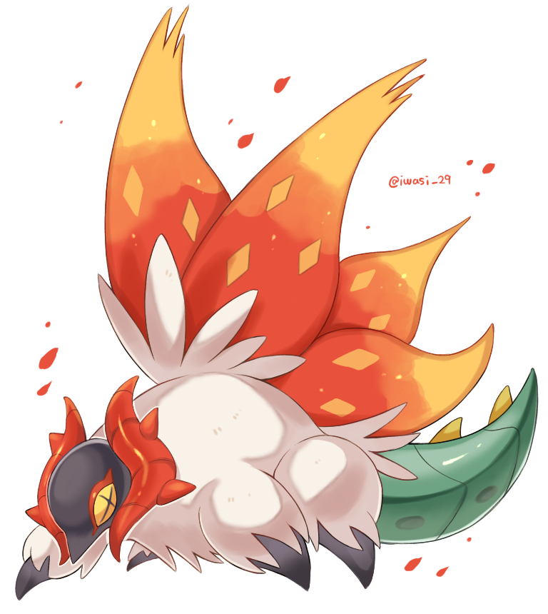 iwasi 29, slither wing, nintendo, pokemon, commentary request, animal focus, artist name, bug, cross-shaped pupils, insect, moth, multiple wings, no humans, pokemon (creature), simple background, symbol-shaped pupils, tail, twitter username, white background, white fur, wings, yellow eyes