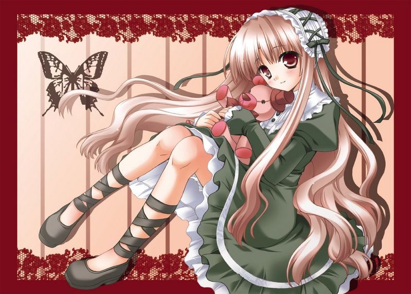 tagme, brown hair, dress, hug, long hair, maid, red eyes, smile, stuffed animal, stuffed toy, teddy bear