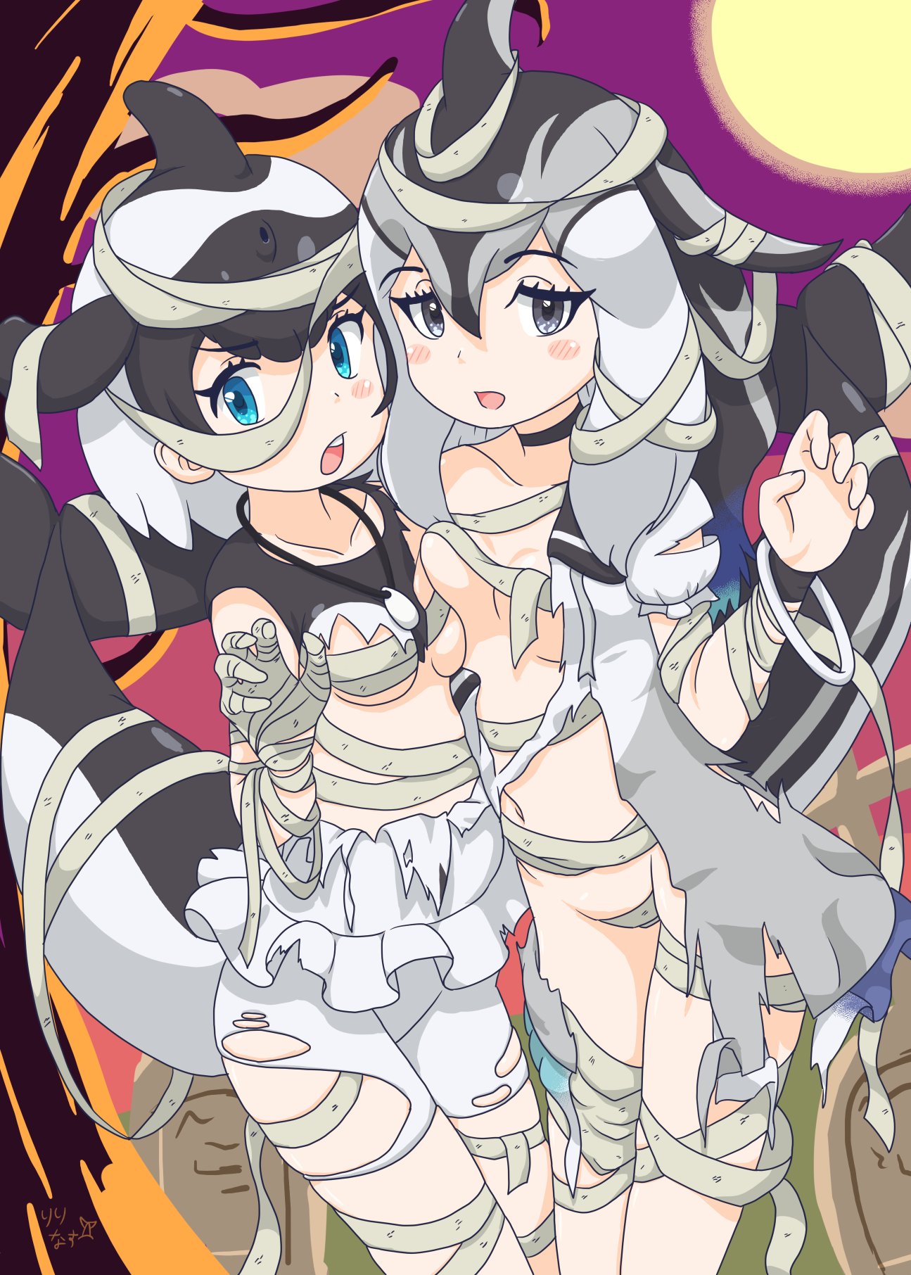 ririnasoon, commerson's dolphin (kemono friends), pacific white-sided dolphin (kemono friends), kemono friends, highres, 2girls, bandages, black choker, black hair, black one-piece swimsuit, blowhole, blue eyes, blush, cetacean tail, choker, collarbone, dolphin girl, dorsal fin, dress, fins, fish tail, frilled one-piece swimsuit, frills, grey dress, grey eyes, grey hair, hair between eyes, halloween, head fins, jewelry, long hair, multicolored hair, multiple girls, mummy costume, necklace, one-piece swimsuit, open mouth, sailor collar, shell, shell necklace, short hair, sidelocks, swimsuit, tail, torn clothes, two-tone hair, two-tone one-piece swimsuit, white hair, white one-piece swimsuit