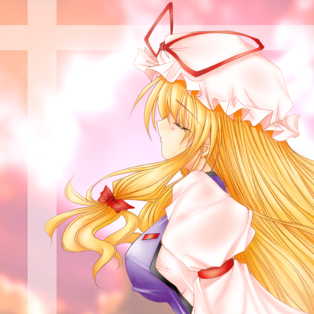 take toshiaki, yakumo yukari, touhou, bad id, bad pixiv id, 1girl, blonde hair, breasts, closed eyes, female focus, hair ribbon, hat, large breasts, long hair, ribbon, solo