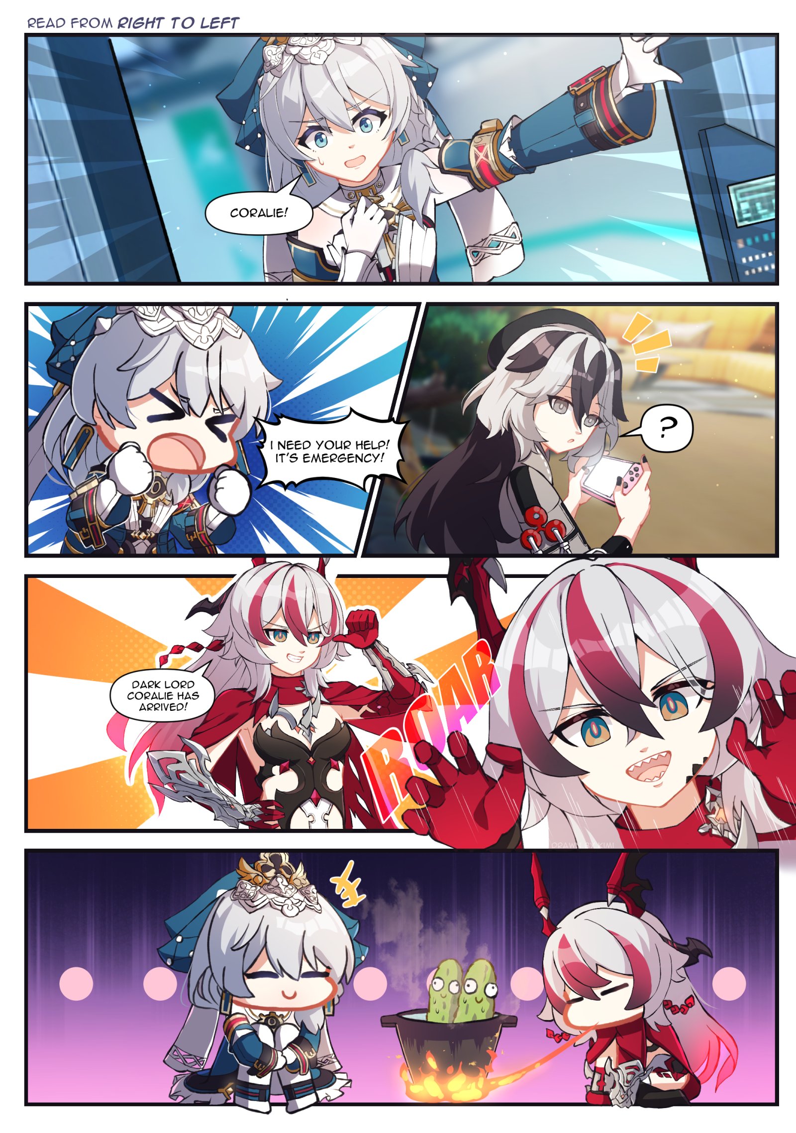 kimi craze, coralie 6626 planck, coralie 6626 planck (behold! fate-defying dragon), coralie 6626 planck (valkyrie blastmetal), theresa apocalypse, theresa apocalypse (astralop), honkai (series), honkai impact 3rd, highres, > <, …, 2girls, :d, ?, armor, bad food, bare shoulders, black dress, black hair, blue eyes, breasts, chibi, chinese clothes, closed eyes, closed mouth, coffee mug, crown, cup, detached sleeves, dress, drill hair, earrings, english text, eyeliner, fire, food, gloves, grey eyes, grey hair, hair between eyes, hat, holding, holding phone, horns, jewelry, long hair, long sleeves, looking at object, makeup, mug, multicolored hair, multiple girls, official alternate costume, on head, open hand, open mouth, phone, red eyeliner, red gloves, red hair, red horns, red scarf, scarf, sharp teeth, small breasts, smile, speech bubble, streaked hair, sweatdrop, symbol-shaped pupils, teeth, two-tone hair, upper body, upper teeth only, v-shaped eyebrows, white armor, white gloves, white hair, yellow pupils