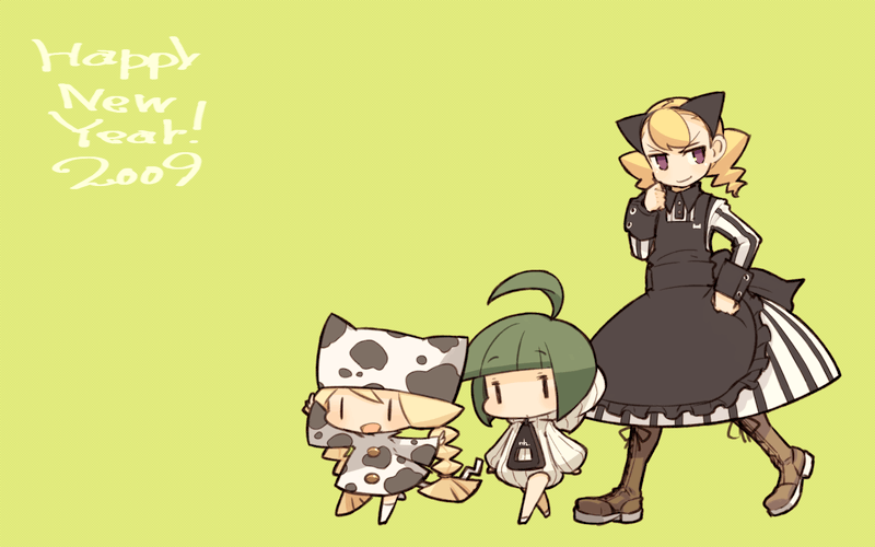 mota, original, 00s, 2009, 3girls, ahoge, animal ears, animal hat, animal print, apron, blonde hair, boots, brown eyes, cat ears, cow girl, cow print, dress, green hair, hat, multiple girls, new year, zipper, | |