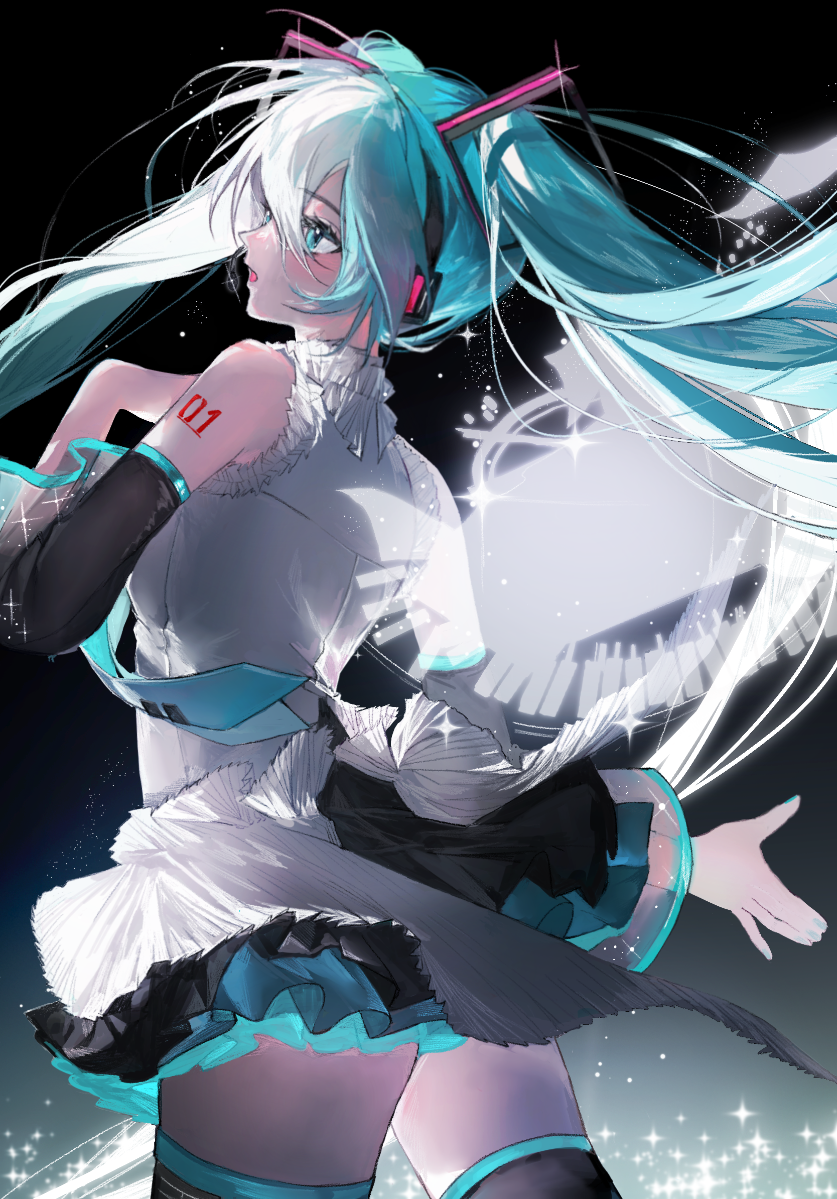 shi xu jiu zhou, hatsune miku, vocaloid, chinese commentary, commentary request, highres, 1girl, aqua eyes, aqua hair, back, bare shoulders, black background, black skirt, black sleeves, black thighhighs, cowboy shot, detached sleeves, eyelashes, frilled shirt, frills, from behind, grey shirt, hair between eyes, hair ornament, hand on own chest, headphones, long hair, miniskirt, number tattoo, open mouth, outstretched arm, pleated skirt, profile, shirt, shoulder tattoo, skirt, sleeveless, sleeveless shirt, solo, sparkle, standing, tattoo, thighhighs, twintails, zettai ryouiki