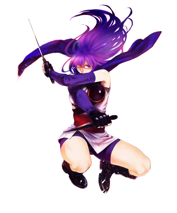 kyuugou (ninekoks), sarutobi ayame, gintama, 00s, 1girl, boots, detached sleeves, female focus, fingerless gloves, full body, glasses, gloves, hair over one eye, jumping, kunai, long hair, purple eyes, purple hair, purple scarf, red-framed eyewear, scarf, simple background, solo, sword, thighs, wakizashi, weapon, white background