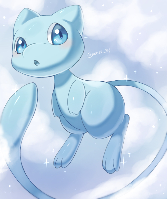 iwasi 29, mew (pokemon), nintendo, pokemon, commentary request, :o, alternate color, animal focus, artist name, blue eyes, blue sky, cloud, floating, gen 1 pokemon, legendary pokemon, mythical pokemon, no humans, open mouth, pokemon (creature), shiny pokemon, sky, sparkle, tail, twitter username