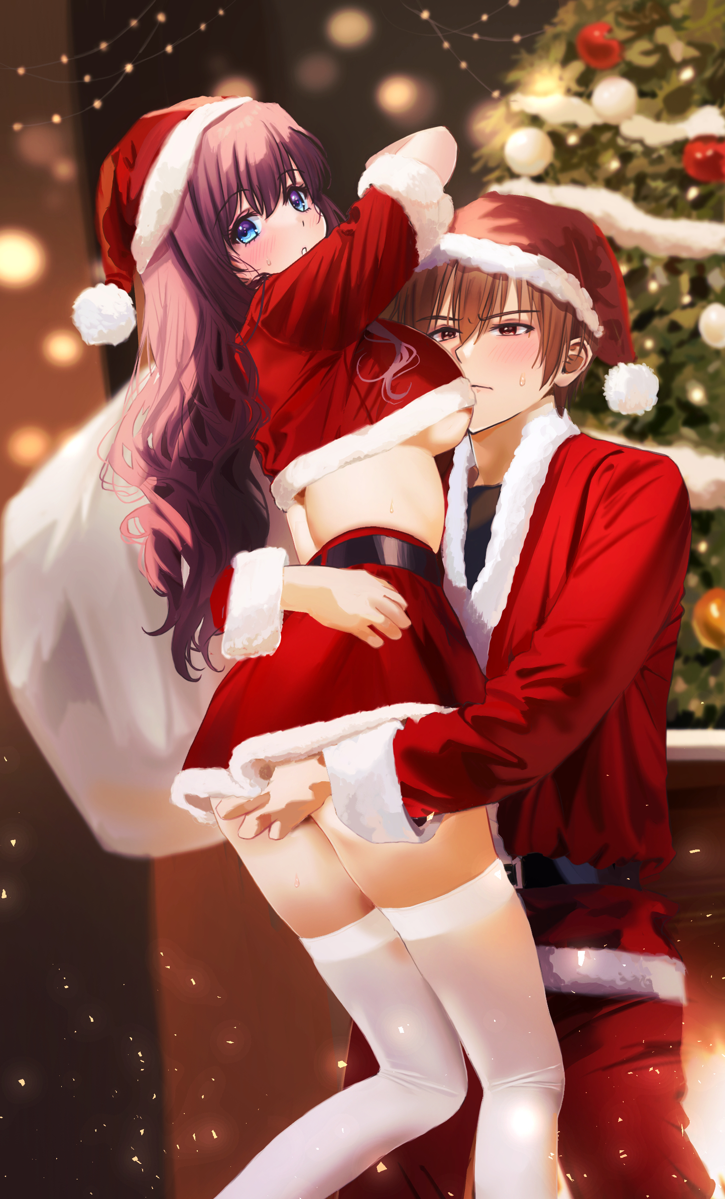 miiizuno lbs, a-chan (little busters!), natsume kyousuke, little busters!, commentary request, highres, 1boy, 1girl, alternate costume, arm around waist, ass, bag, belt, black belt, blue eyes, blurry, blurry background, blush, breasts, brown eyes, brown hair, christmas, christmas ornaments, christmas tree, closed mouth, couple, crop top, eyelashes, face to breasts, feet out of frame, food-themed hat, fur-trimmed jacket, fur-trimmed shirt, fur-trimmed skirt, fur-trimmed sleeves, fur trim, gift bag, hair between eyes, hair over shoulder, hand on another's ass, hat, hetero, holding, holding bag, hug, indoors, jacket, large breasts, light particles, long hair, long sleeves, looking at another, looking at viewer, looking back, miniskirt, no bra, pants, parted lips, red hat, red jacket, red pants, red shirt, red skirt, santa costume, santa hat, shirt, short hair, short sleeves, sideboob, skirt, standing, sweat, thighhighs, thighs, v-shaped eyebrows, very long hair, wavy hair, white thighhighs