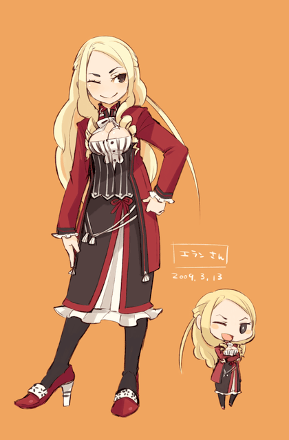 mota, eran, 7th dragon, blonde hair, breasts, brown eyes, chibi, cleavage, hand on own hip, high heels, long hair, shoes, solo, thighhighs, wink