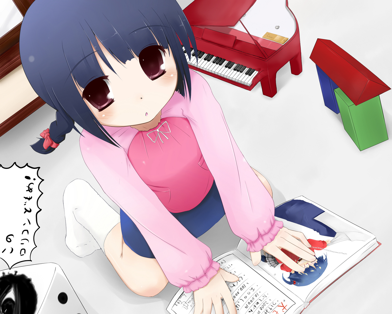 v4, v4 (cradle garden), backbeard, gegege no kitarou, original, bad id, bad pixiv id, 1girl, blue hair, book, child, female focus, flat chest, grand piano, instrument, kono lolicon domome, piano, purple eyes, raglan sleeves, socks, solo, toy, twintails