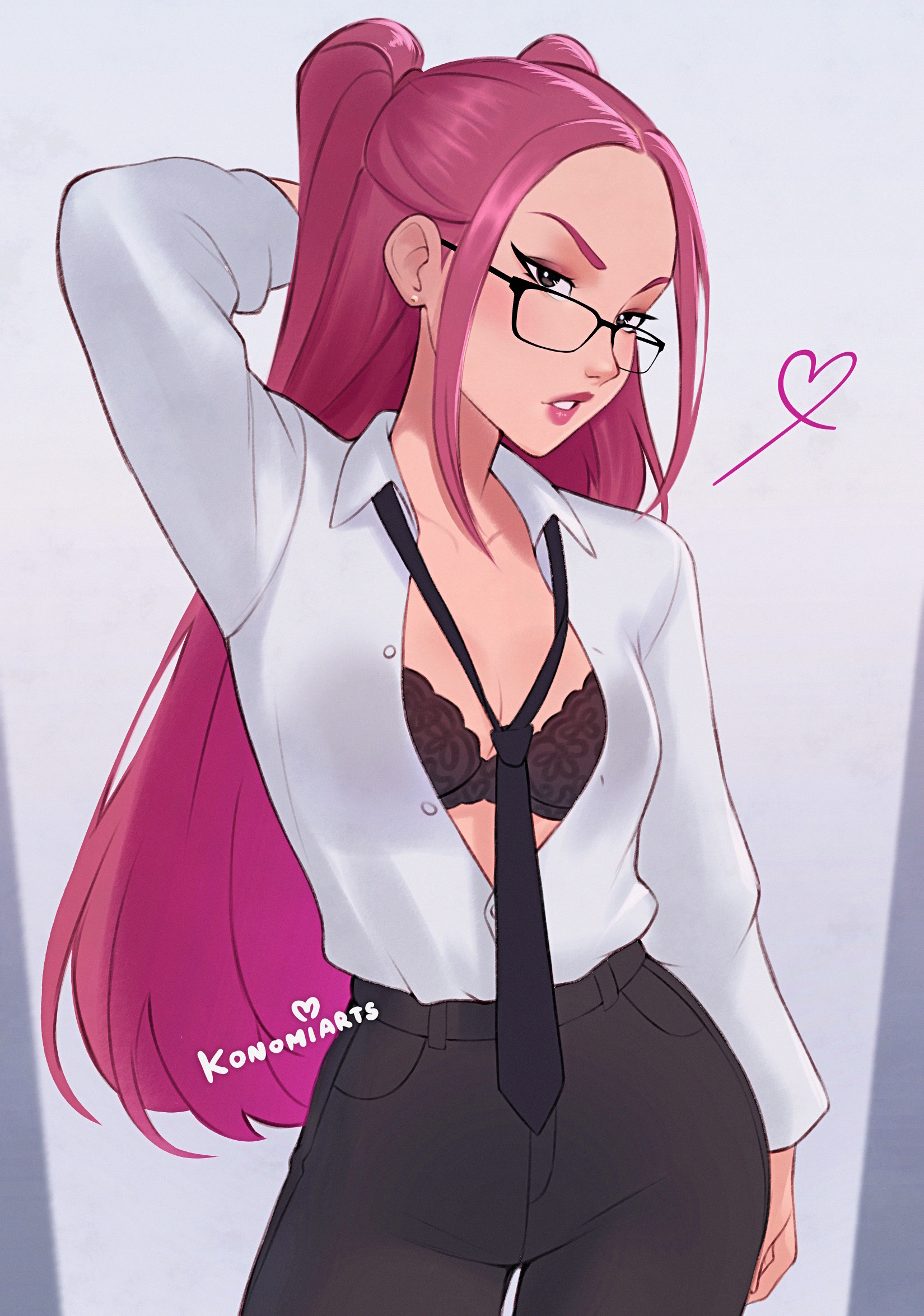 konomidraws, mira (kpop demon hunters), kpop demon hunters, commentary, highres, 1girl, arm behind head, artist name, black-framed eyewear, black bra, black necktie, black pants, bra, breasts, brown eyes, cleavage, collarbone, collared shirt, glasses, heart, long hair, looking at viewer, medium breasts, necktie, pants, partially unbuttoned, pink hair, shirt, sidelocks, simple background, spoken heart, twintails, underwear, white background