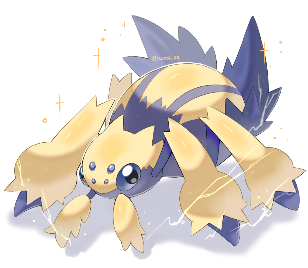 iwasi 29, galvantula, nintendo, pokemon, commentary request, animal focus, artist name, blue eyes, bug, electricity, gen 5 pokemon, no humans, pokemon (creature), simple background, sparkle, spider, tarantula, twitter username, white background