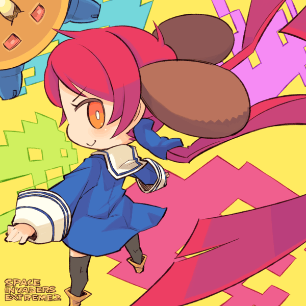 mota, ufo-co, space invaders, space invaders extreme 2, 1girl, :>, female focus, orange eyes, pink hair, school uniform, solo, twintails