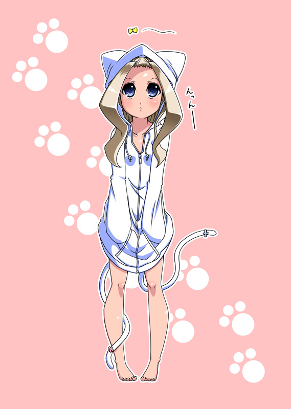 satsuki imonet, original, 1girl, animal ears, animal hood, barefoot, blonde hair, blue eyes, blush, cat hood, female focus, hood, hoodie, no pants, paw print, pink background, solo, sweater, tail