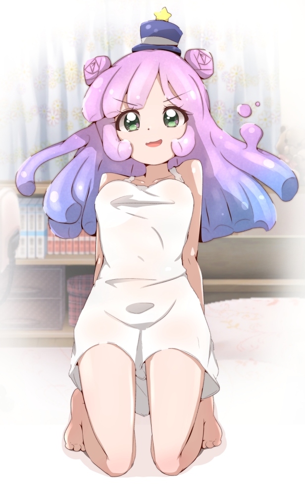 yuzukiaz, puniru (puniru wa kawaii slime), puniru wa kawaii slime, 1girl, arm support, barefoot, blue hair, blue hat, dot nose, dress, eyelashes, female focus, full body, gradient hair, green eyes, hat, indoors, leaning back, long hair, looking at viewer, monster girl, multicolored hair, open mouth, petite, pink hair, seiza, sitting, sleeveless, sleeveless dress, slime girl, smile, solo, two-tone hair, white dress