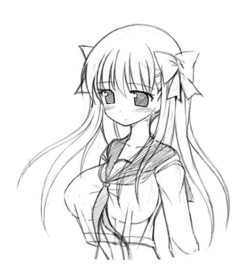 miyata gakuman, haramura nodoka, saki (manga), 00s, 1girl, blush, breasts, female focus, greyscale, huge breasts, long hair, monochrome, ribbon, school uniform, simple background, sketch, solo
