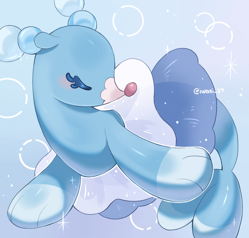 iwasi 29, brionne, nintendo, pokemon, commentary request, animal focus, artist name, blue background, closed eyes, eyelashes, forked tail, gen 7 pokemon, no humans, pokemon (creature), sea lion, snout, tail, twitter username