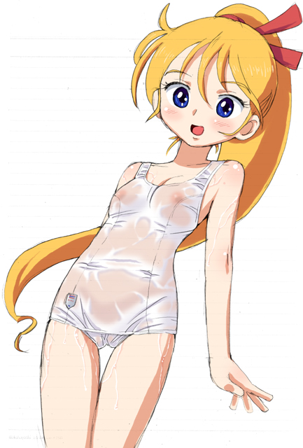 homing (areya), kamikita keiko, muteki choujin zambot 3, 1970s (style), 1girl, blonde hair, blue eyes, blush, female focus, flat chest, loli, long hair, nipples, oldschool, one-piece swimsuit, ponytail, retro artstyle, school swimsuit, see-through clothes, solo, swimsuit, thigh gap, thighs, wet, white one-piece swimsuit, white school swimsuit