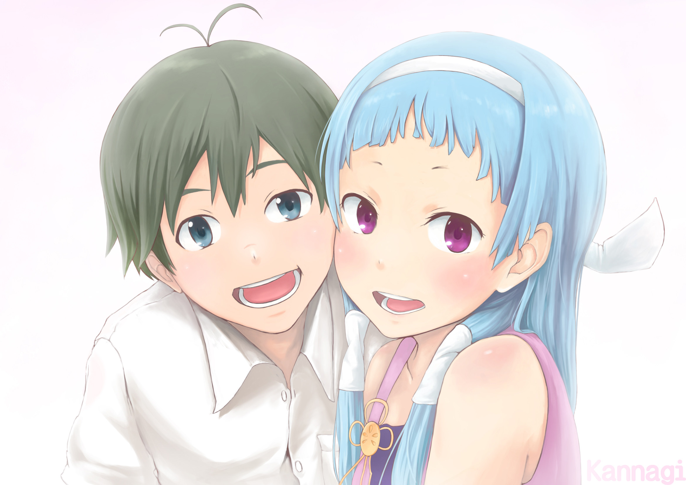 okamocheese, mikuriya jin, nagi, kannagi, highres, 00s, 1boy, 1girl, blue hair, blunt bangs, blush, cheek-to-cheek, hair tubes, hairband, happy, heads together, long hair, purple eyes