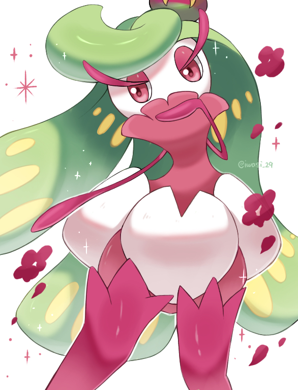 iwasi 29, tsareena, nintendo, pokemon, commentary request, artist name, colored skin, gen 7 pokemon, green hair, long hair, pokemon (creature), red eyes, sparkle, standing, twitter username, white background, white skin