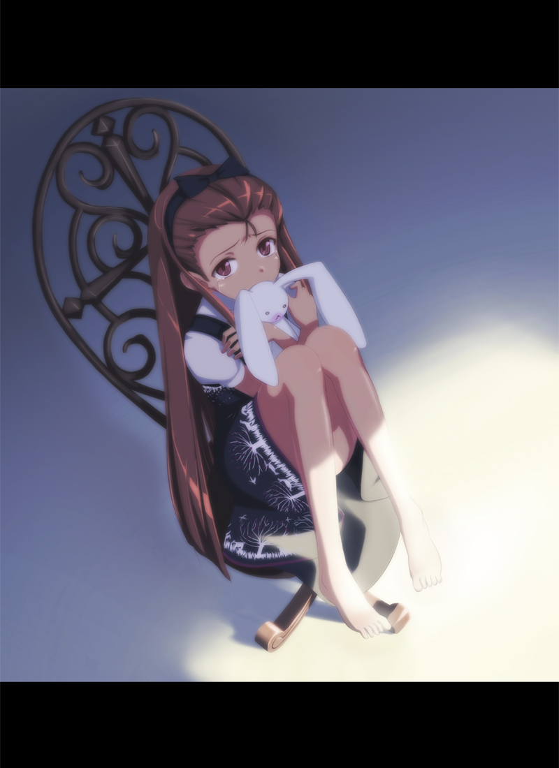 baakurou, minase iori, idolmaster, idolmaster (classic), light, 00s, 1girl, barefoot, brown eyes, brown hair, chair, feet, female focus, hairband, hug, letterboxed, rabbit, sad, shade, sitting, solo, stuffed animal, stuffed rabbit, stuffed toy, tears