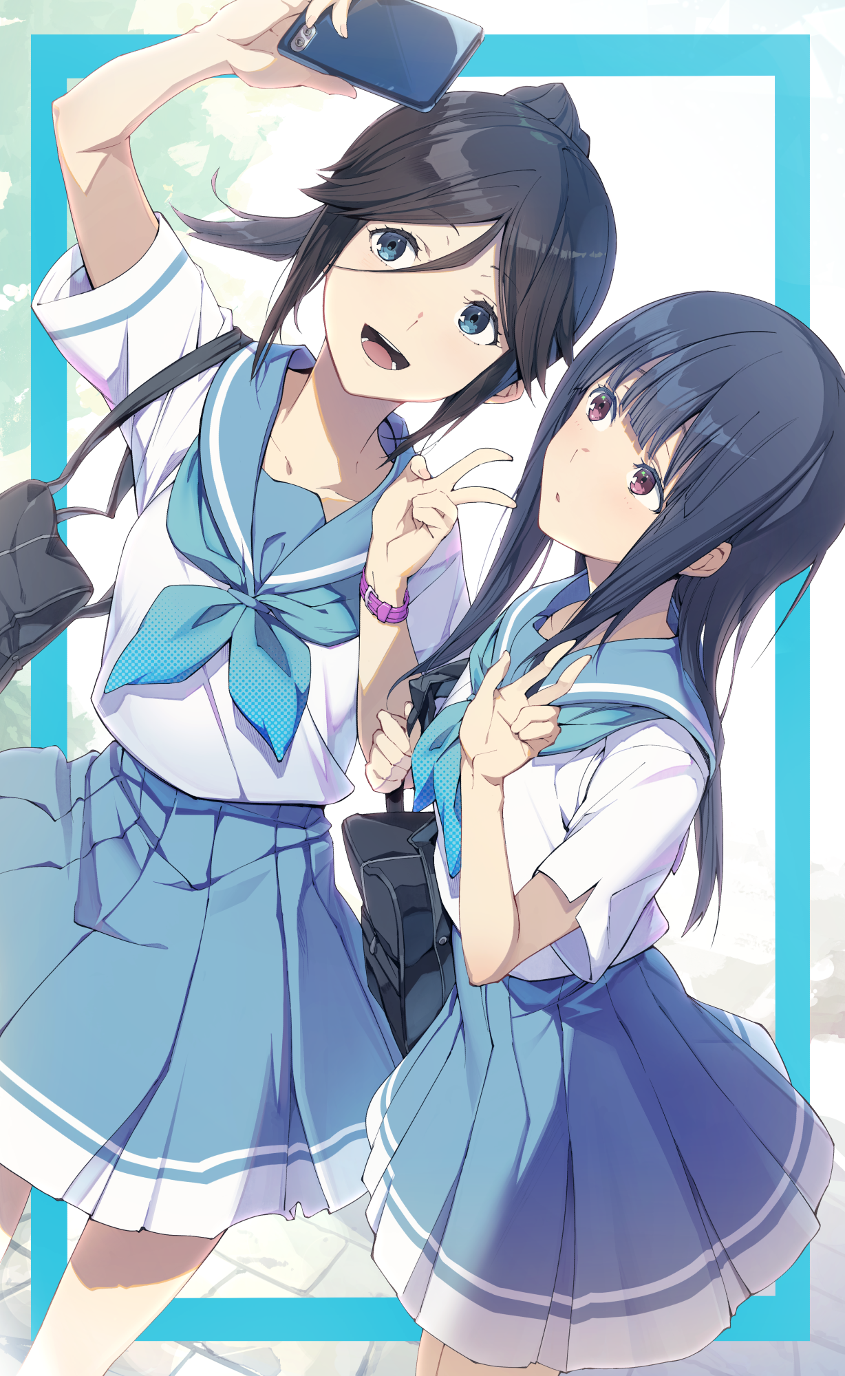 3s (tarariko), kasaki nozomi, yoroizuka mizore, hibike! euphonium, liz to aoi tori, commentary request, highres, 2girls, black hair, blue eyes, blue neckerchief, blue skirt, kitauji high school uniform, multiple girls, neckerchief, school uniform, selfie, shirt, short sleeves, skirt, smile, v, white background, white shirt