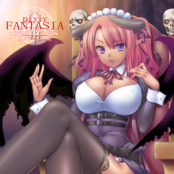 47agdragon, pixiv fantasia, pixiv fantasia 3, lace-trimmed legwear, 1girl, belt, black thighhighs, bow, breasts, chair, cleavage, crossed legs, dark-skinned female, dark skin, demon girl, demon wings, detached collar, female focus, gigandal federation, hair bow, horns, huge breasts, indoors, lace, lace trim, large breasts, long hair, maid headdress, multiple belts, on chair, parted bangs, pink hair, pointy ears, purple eyes, raised eyebrow, sitting, skull, slit pupils, solo, thighhighs, two side up, wings