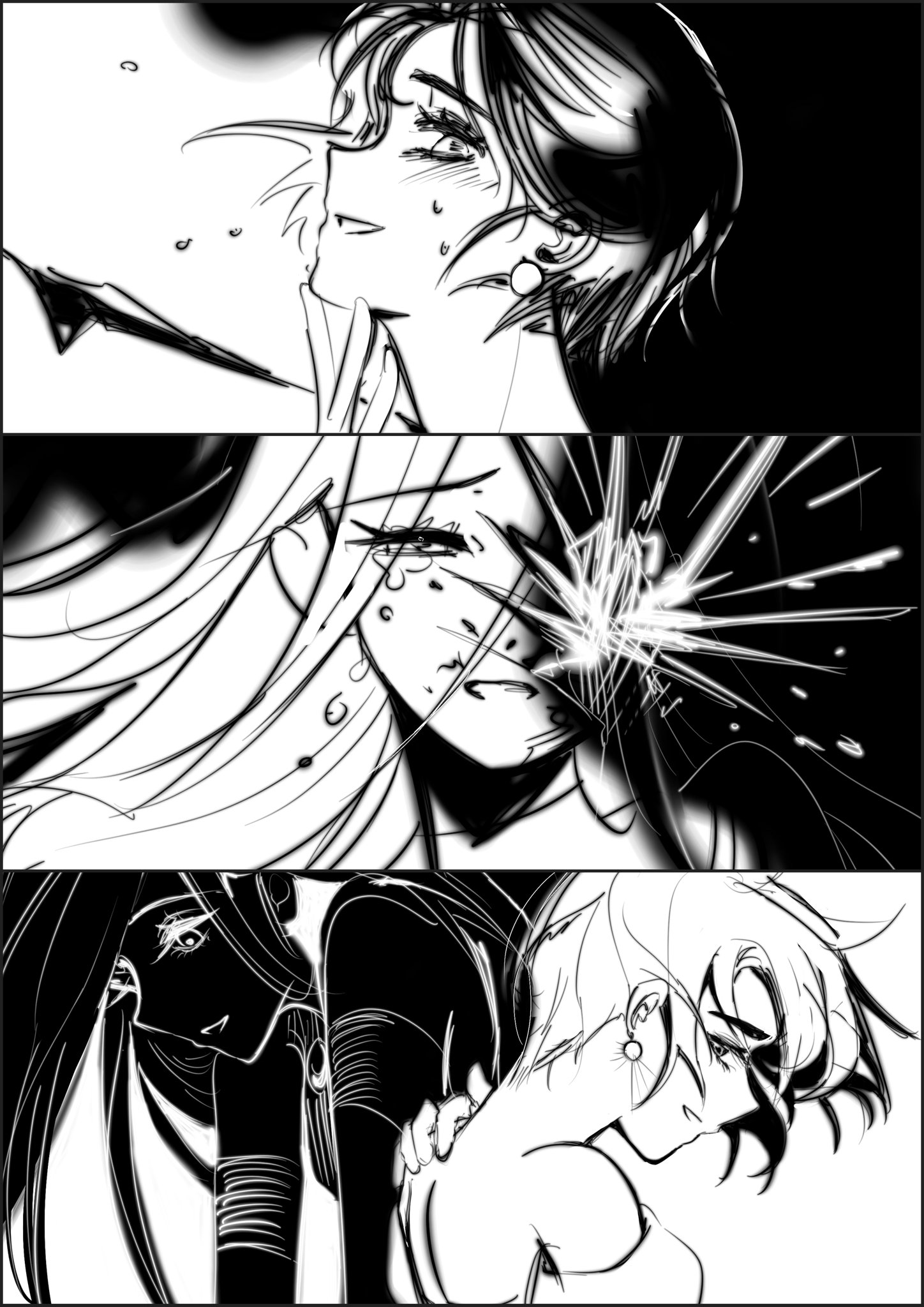 mijiang 47, mizi (alien stage), sua (alien stage), alien stage, commentary, english commentary, highres, 2girls, bare shoulders, crying, earrings, greyscale, hand on own chin, hand on own shoulder, head back, jewelry, long hair, looking back, looking down, monochrome, multiple girls, one eye covered, open mouth, portrait, short hair, smile, tears