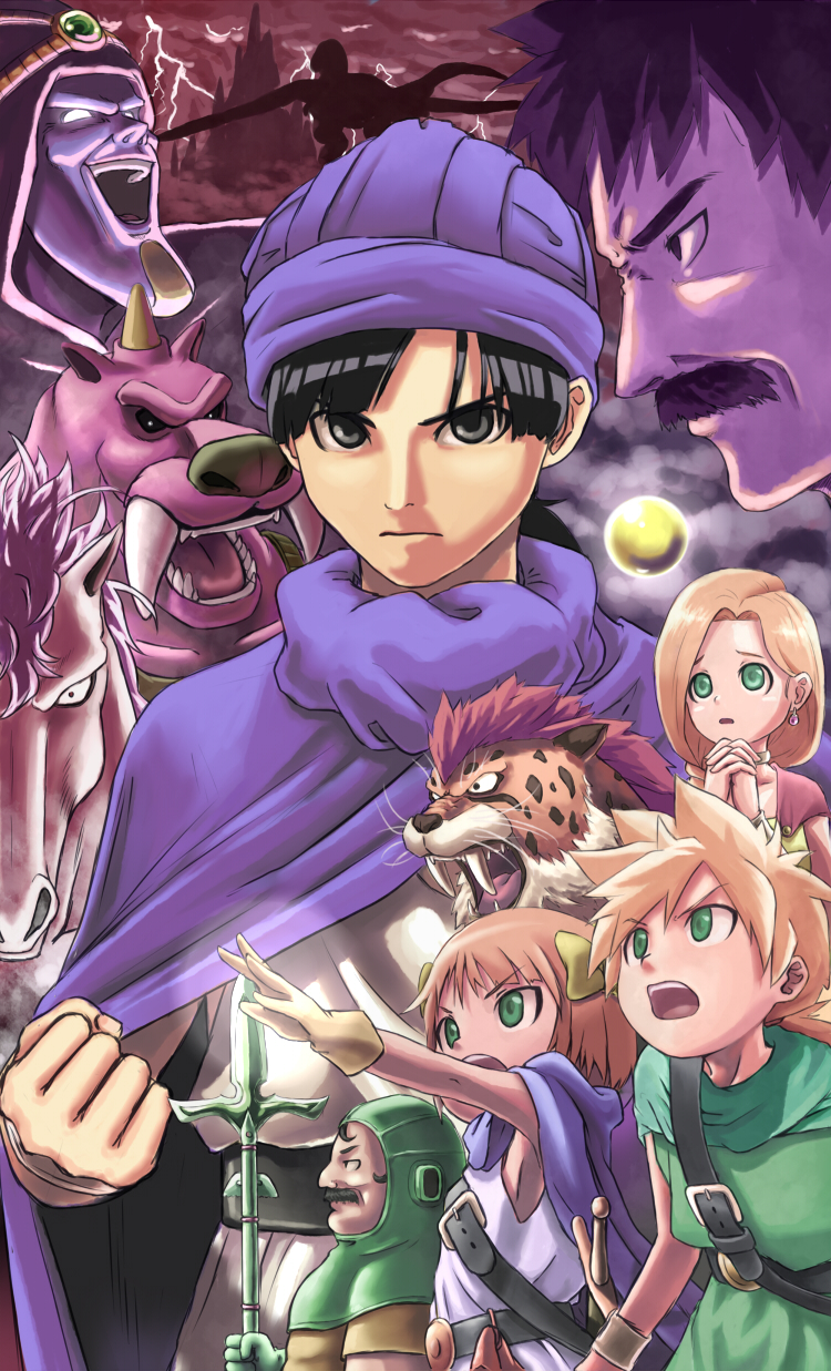 toraneko, bianca (dq5), borongo, gema (dq5), gonz, hero's daughter (dq5), hero's son (dq5), hero (dq5), jami, jyami, papas, sancho (dq5), dragon quest, dragon quest v, square enix, bad id, bad pixiv id, highres, 2girls, 5boys, age difference, armor, belt, black eyes, black hair, blonde hair, brother and sister, cape, child, demon, facial hair, family, father and daughter, father and son, green eyes, hair over shoulder, mother and daughter, mother and son, multiple boys, multiple girls, mustache, polearm, siblings, spear, turban, twins, weapon
