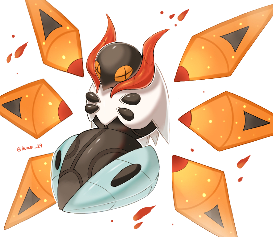 iwasi 29, iron moth, nintendo, pokemon, commentary request, animal focus, artist name, bug, cross-shaped pupils, detached wings, insect, moth, multiple wings, no humans, non-humanoid robot, orange eyes, pokemon (creature), robot, simple background, symbol-shaped pupils, twitter username, white background, white fur, wings