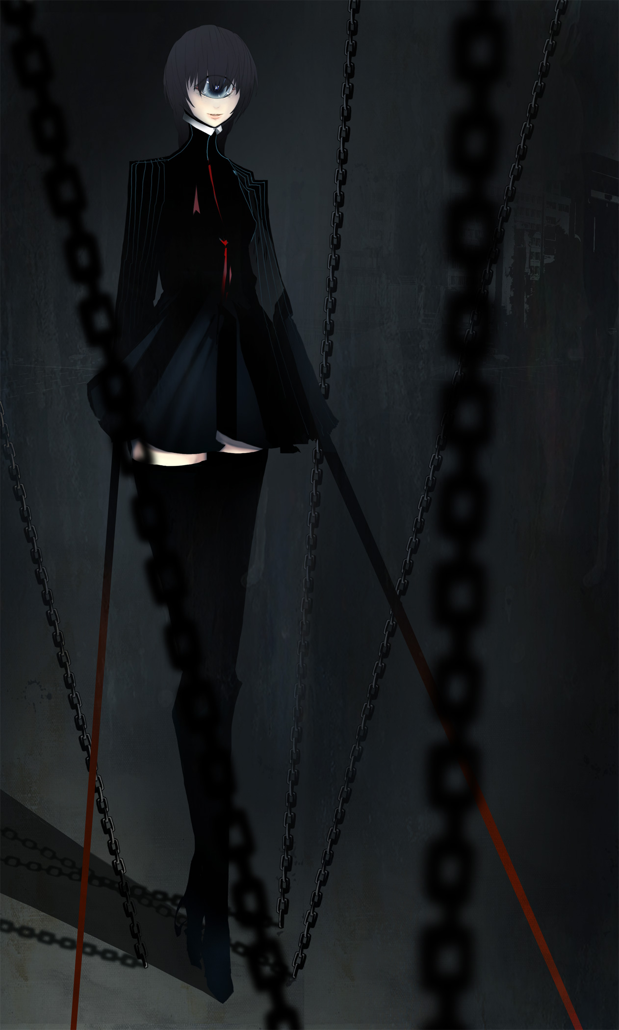 dskb, original, highres, 1girl, black hair, chain, cyclops, dark, female focus, monster girl, one-eyed, short hair, skirt, solo, thighhighs, zettai ryouiki