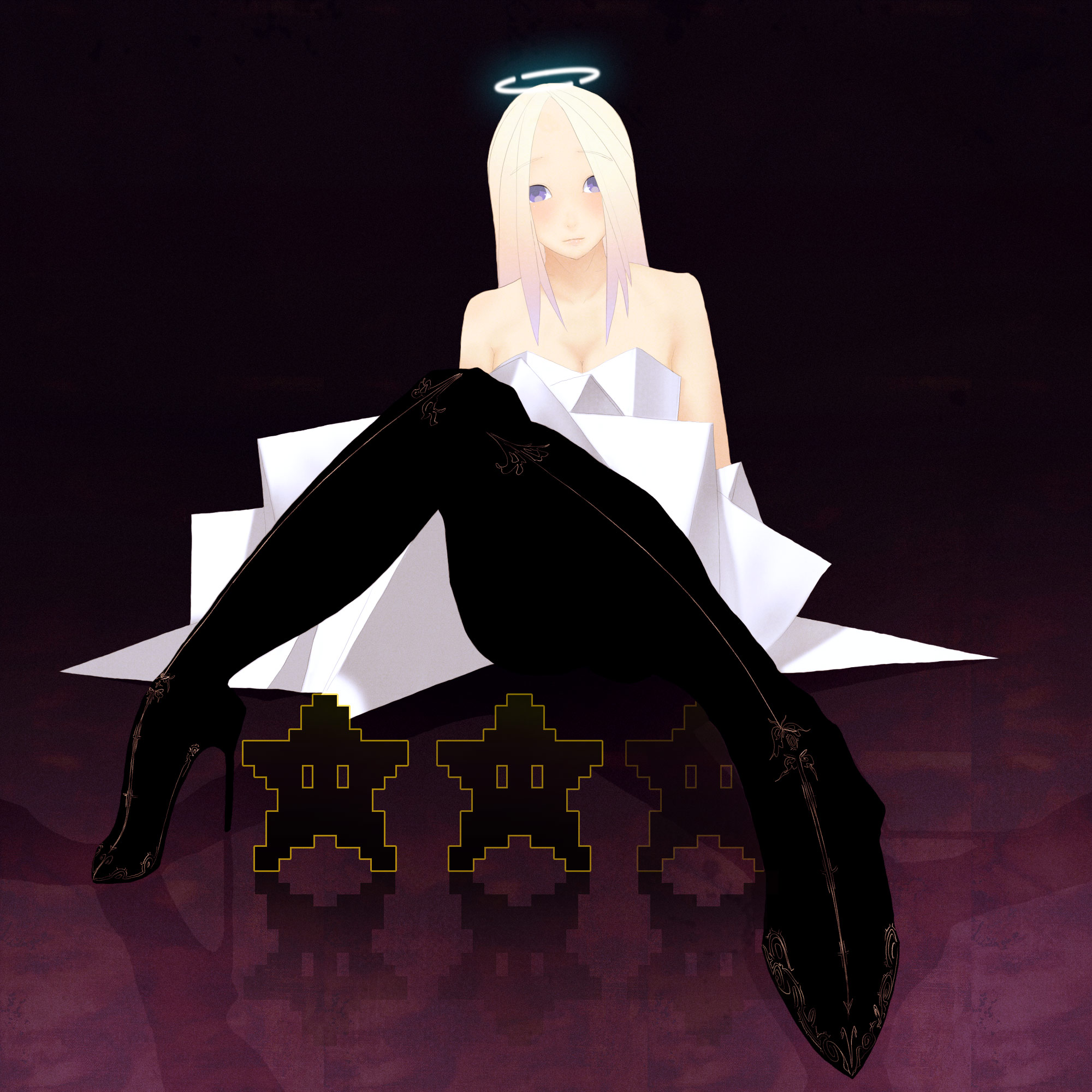dskb, super star (mario), mother (series), nintendo, starman, highres, 1girl, blonde hair, blue eyes, boots, breasts, cleavage, female focus, gradient hair, halo, multicolored hair, pantyhose, sitting, solo, star (symbol), traditional halo