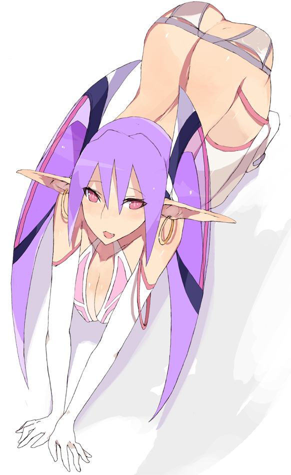 brws, original, bad id, bad pixiv id, all fours, ass, back, earrings, elbow gloves, fang, garter belt, gloves, jewelry, no panties, pink eyes, pointy ears, purple hair, solo, thighhighs, twintails, white thighhighs
